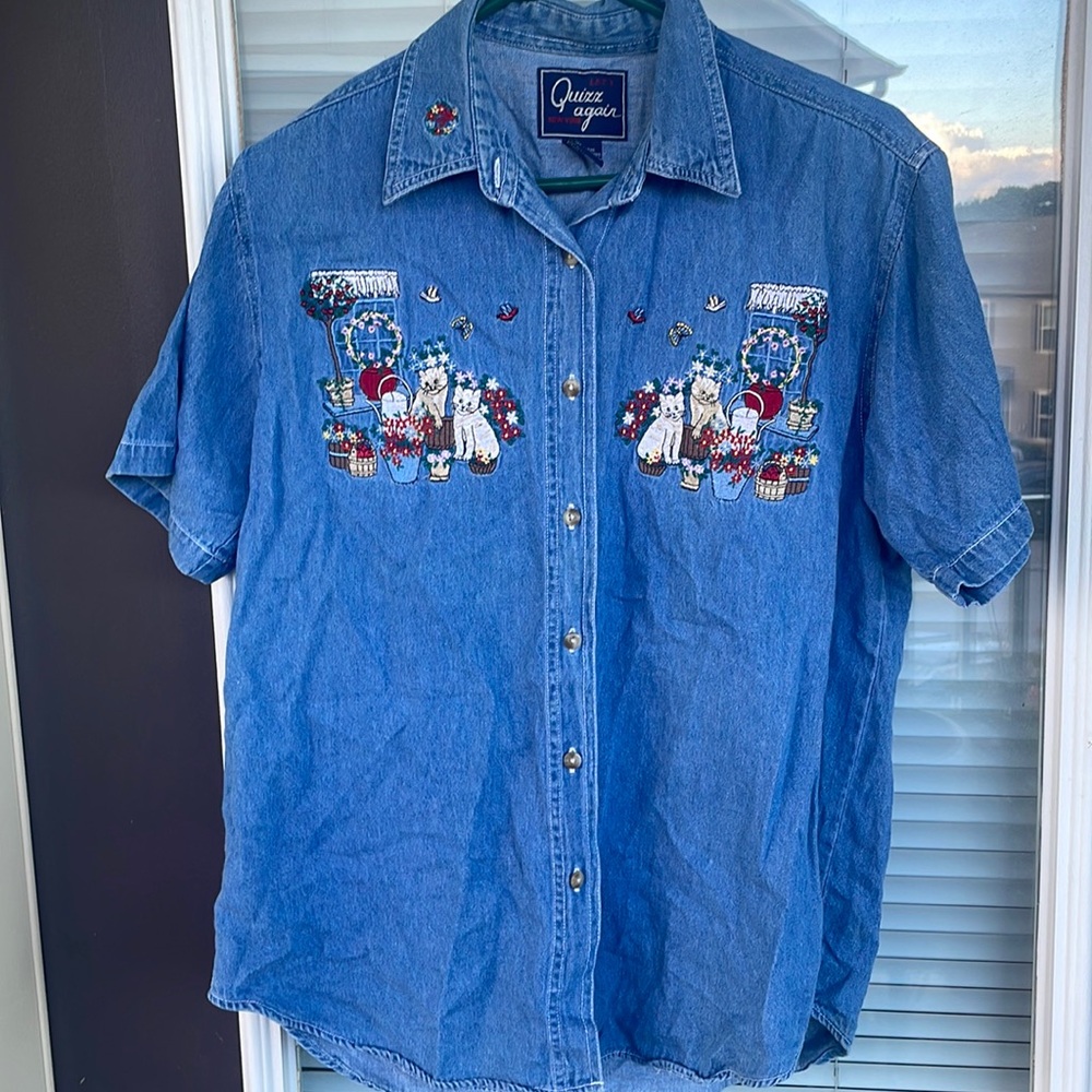 Vintage Let’s Quizz Again Embroidered Cat Floral Denim Button Down